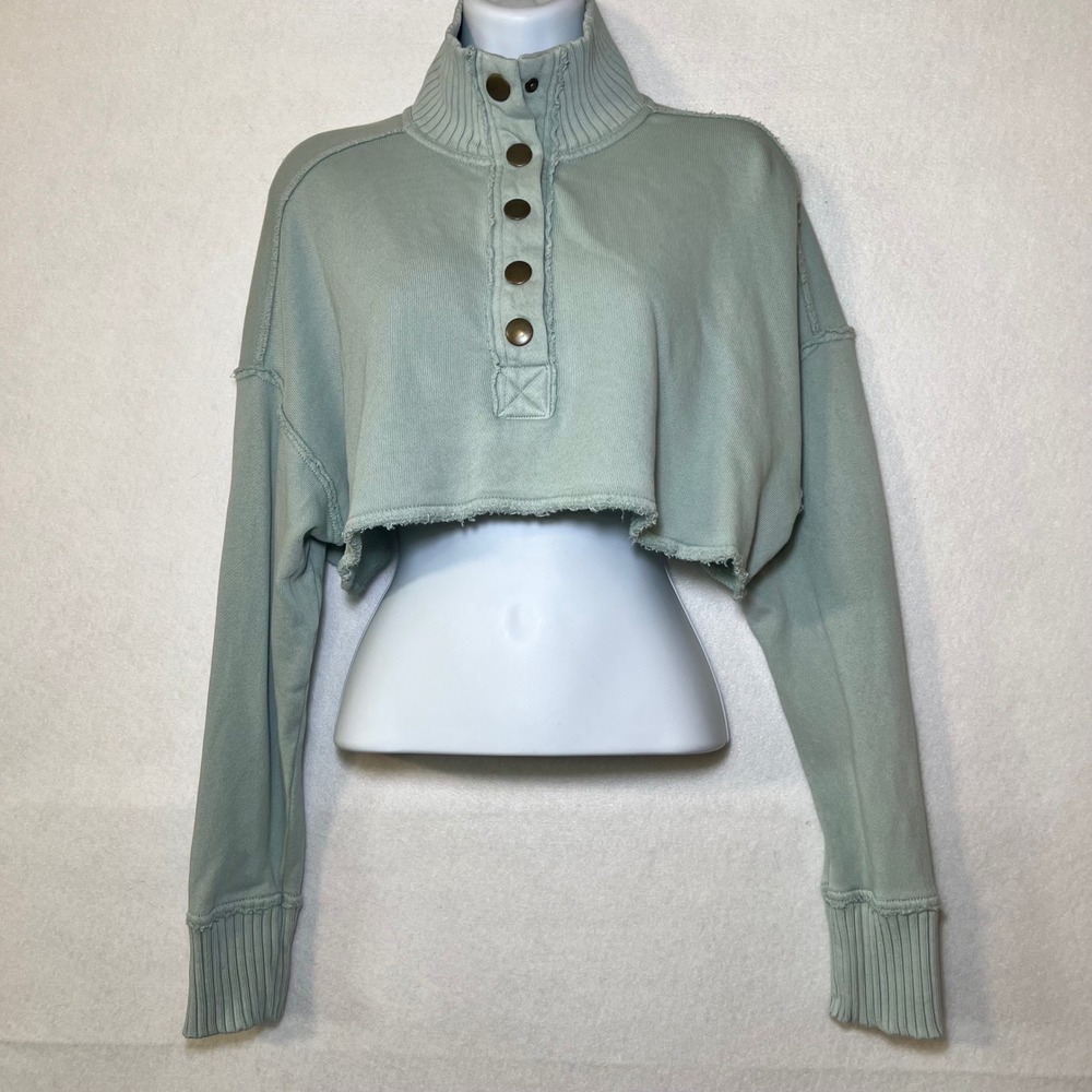 Aerie Sage Green Cropped Henley Sweatshirt Distressed Oversized Raw Hem Women XS